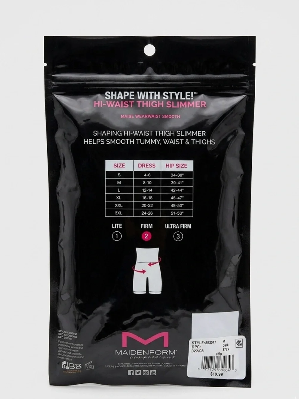 Maidenform Hi-Waist Thigh Slimmer Packaging in Black and Pink